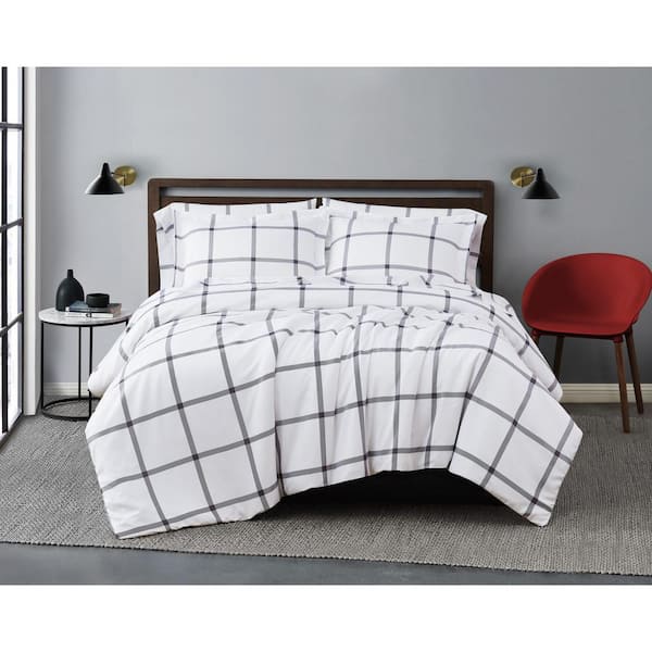 Truly Soft Printed Windowpane 3-Piece White/Charcoal Grey Microfiber Full/Queen Comforter Set