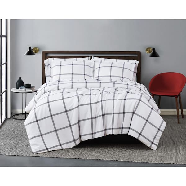 Truly Soft Printed Windowpane 3-Piece White/Charcoal Grey Microfiber Full/Queen Duvet Set