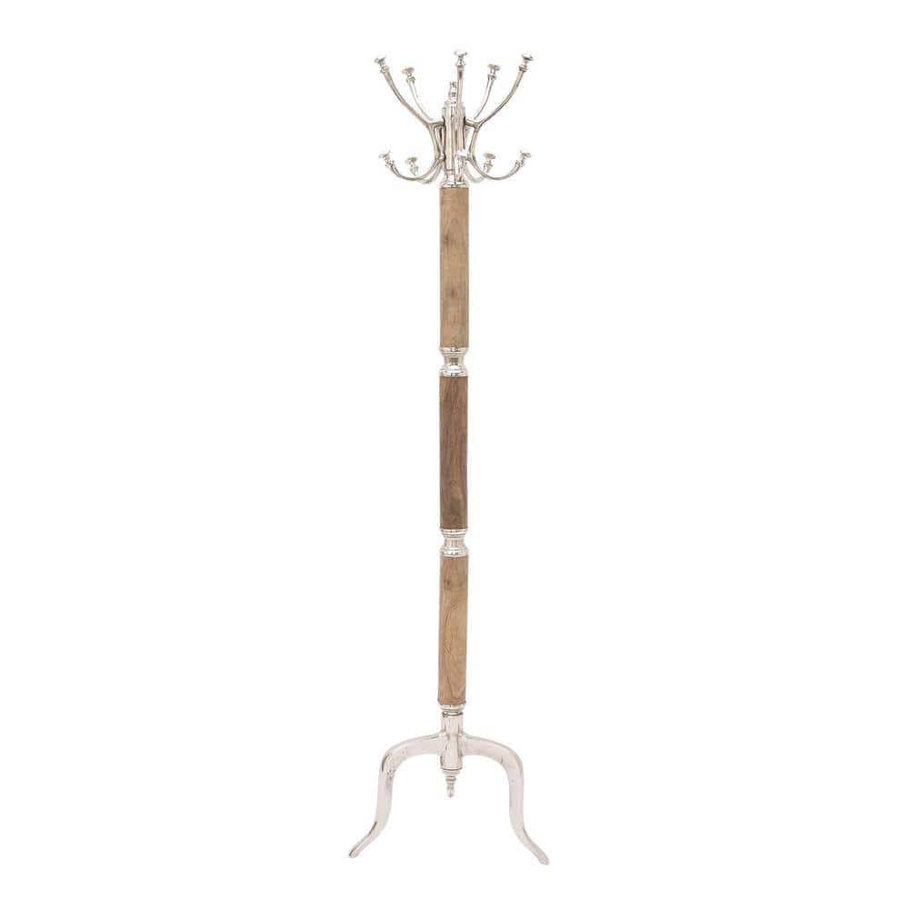 Silver and Wood Tall Coat Rack with Aluminum Hooks
