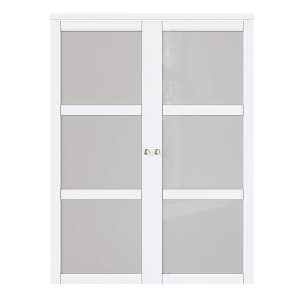 60 in. x 80 in. Frosted Glass Solid Core MDF Bi-fold Door Plus French Style Pivot Hardware (3-Lite White Finish)