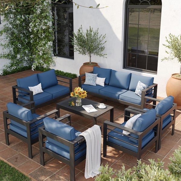 7-Piece Charcoal Gray Aluminum Patio Conversation Set with Navy Cushions and Coffee Table