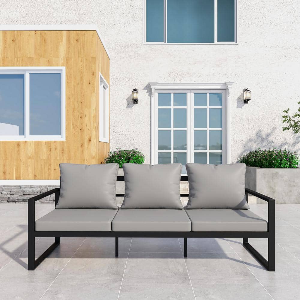 Black Metal Outdoor 3-Seat Couch Sofa Chair with Gray Cushions