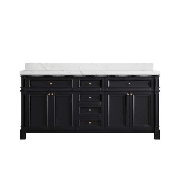 Willow Collections Paris 72 in. W x 22 in. D x 36 in. H Double Sink Bath Vanity in Black with 2 in. Calacatta Laza qt. Top