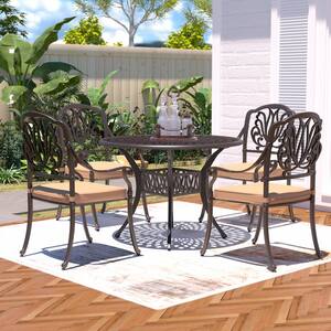 Classic Dark Brown 5-Piece Cast Aluminum Round Outdoor Dining Set with Table and Stackable Chairs Khaki Cushions