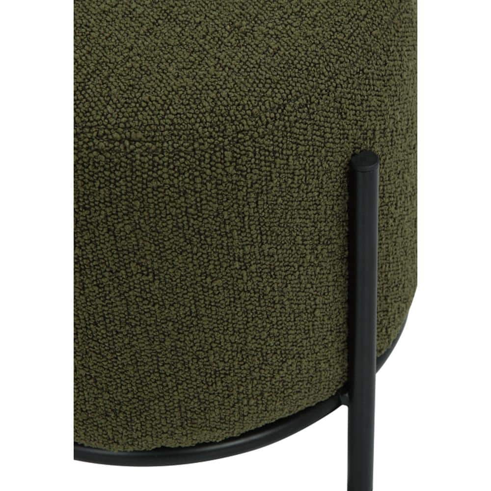 Green Boucle Round Cushioned Ottoman Stool with Black Metal Frame