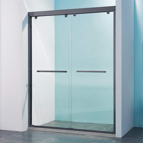 Unbranded 60 in. W x 76 in. H Sliding Framed Shower Door in Matte Black Finish with Clear Glass