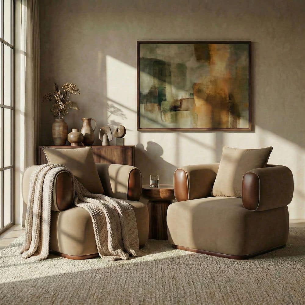 Gianna Modern Brown Velvet Upholstered Accent Arm Chair with PU Leather Arms and Pillow, (Set of 2) price history on PriceWatchPro