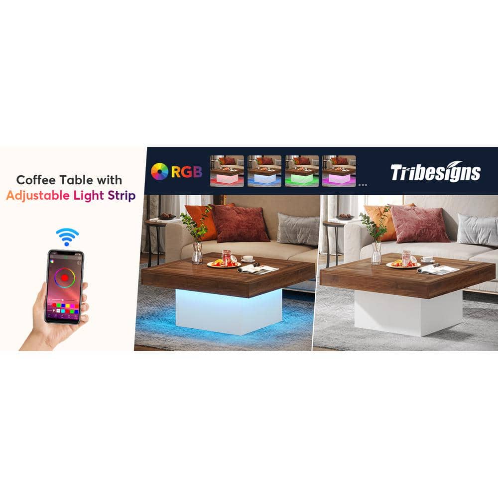 Square Brown and White LED Wood Coffee Table