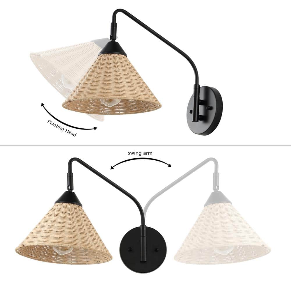 Black Iron Swing Arm Sconce with Natural Woven Shade