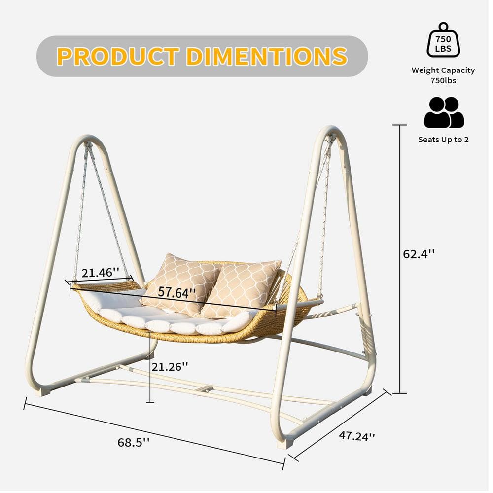 68.5 in. Seats 2-people Metal Patio Swing with Thickened Cushions and Pillo