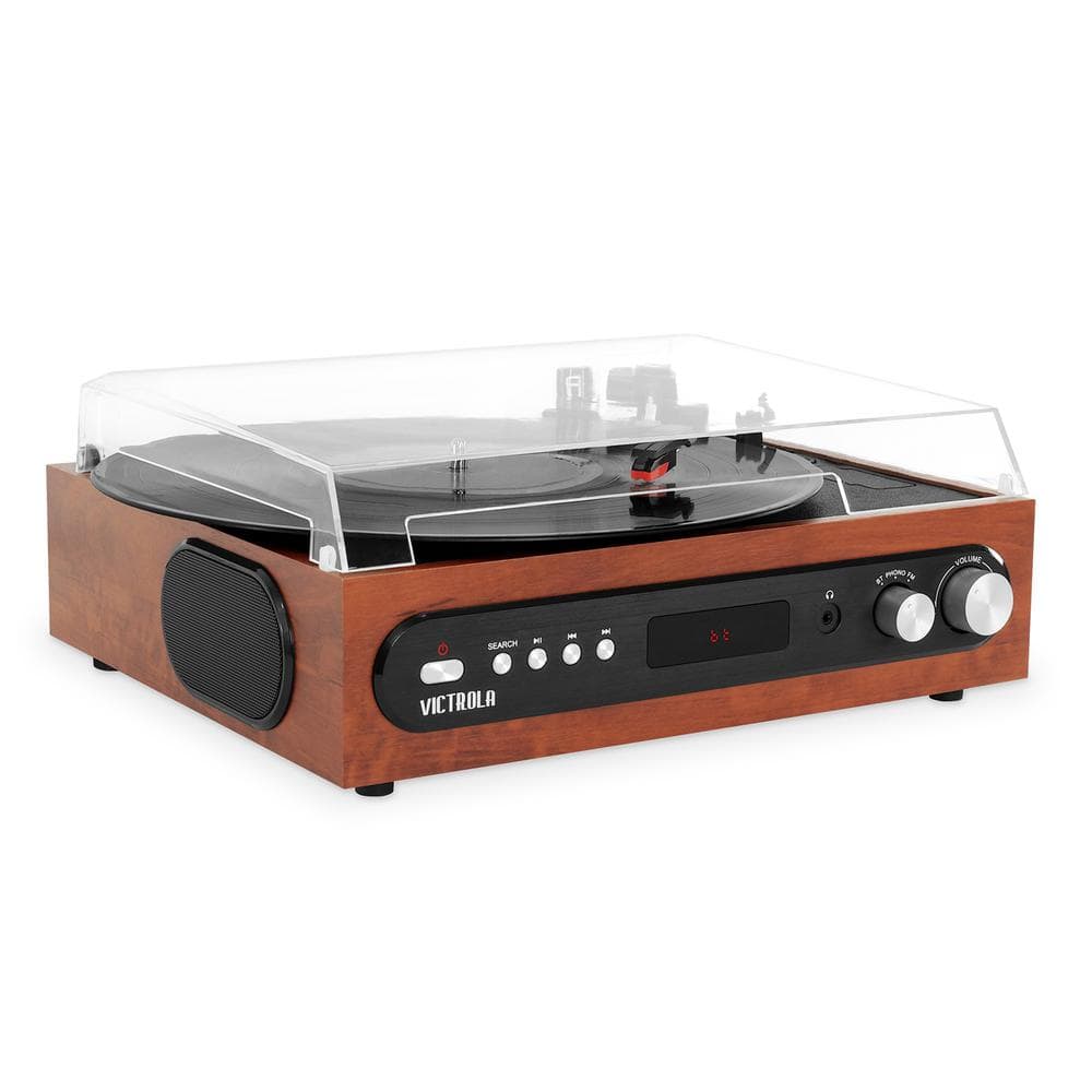 Mahogany Bluetooth Record Player with AM/FM Radio and 3-Speed Turntable