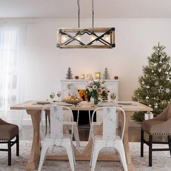 Lnc Farmhouse Dining Room Chandelier 4 Light Brown Wood Black Metal Kitchen Island Pendant With White Frosted Glass Shades A02989 Lnc Farmhouse Dining Room Chandelier 4, Farmhouse Dining Table Light Fixtures