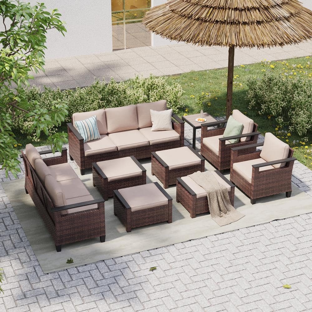 9 Pieces All-Weather PE Brown Wicker Patio Conversation Set with Side Table with Sand Cushion price history on PriceWatchPro