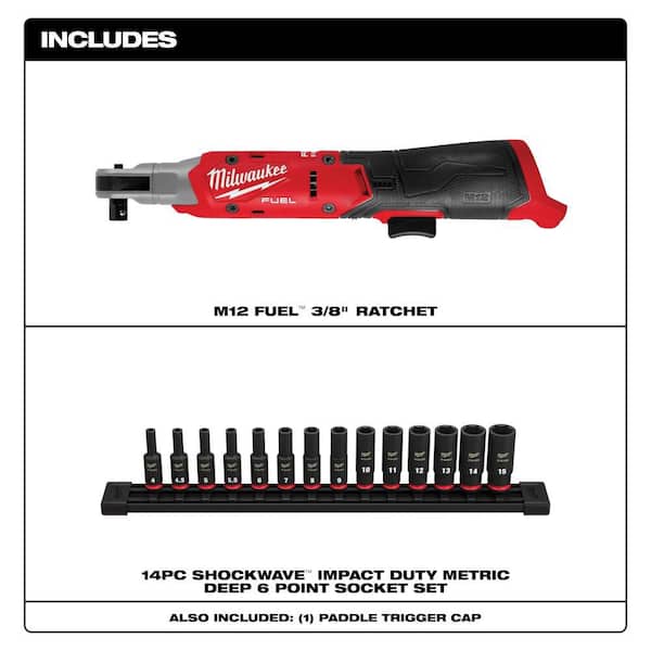 M12 12V Lithium-Ion 3/8 in. Cordless Ratchet (Tool-Only) and 3/8 in. Drive Metric 6 Point Impact Socket Set (14-Piece)