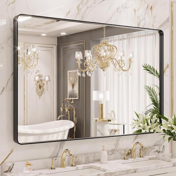 55 in. W x 36 in. H Rectangular Framed French Cleat Wall Mounted Tempered Glass Bathroom Vanity Mirror in Matte Black