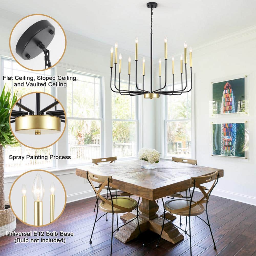 Black and Gold 12-Light Candle Style Metal Chandelier