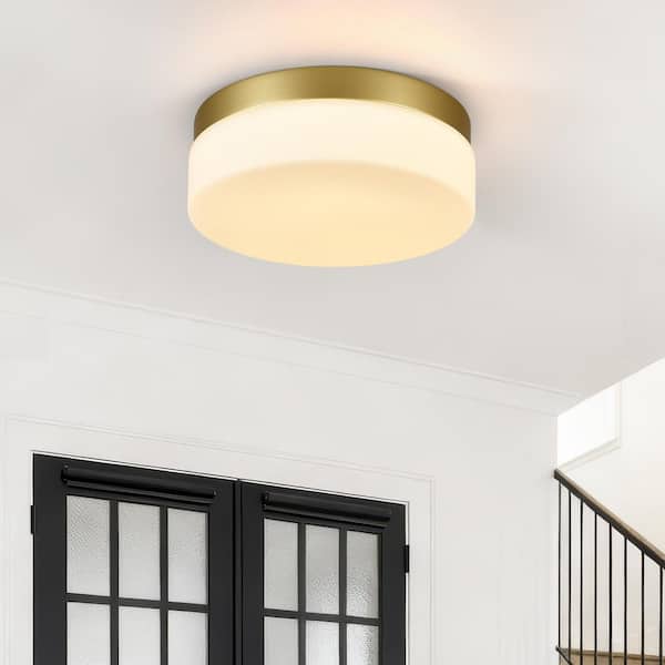 11.4 in. LED Gold Flush Mount With Milky White Glass Shade Dimmable Ceiling Lamp for Kitchen, Hallway, Stairwell