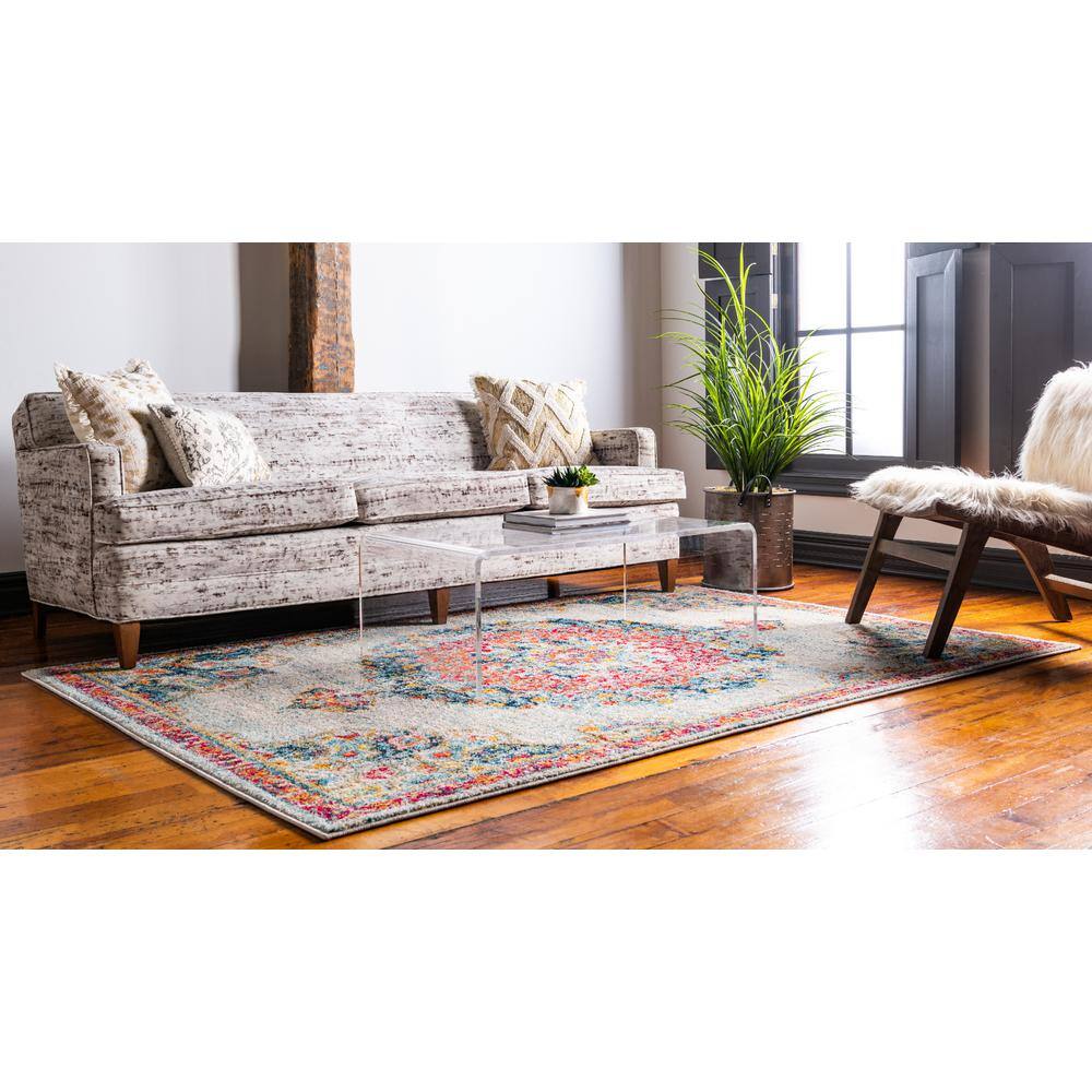 Ivory and Multicolor Square Synthetic Indoor Rug