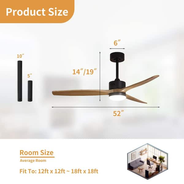 52 in. Integrated LED Indoor Black Downrod Standard Ceiling Fan with Oak Blades, Dimmable Light,Remote,DC Motor