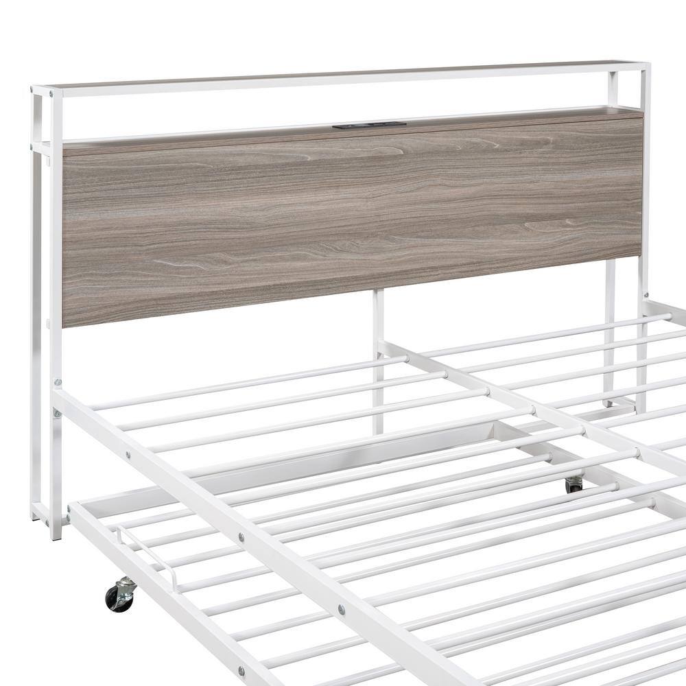 Black Metal Frame Queen Size Platform Bed with Twin Size Trundle, USB Charging Station, Storage Shelves - thumbnail 6