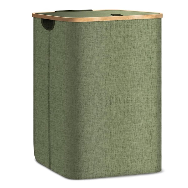 100L Laundry Hamper with Lid,Tall Laundry Baskets with Bamboo Pull Handles,Green