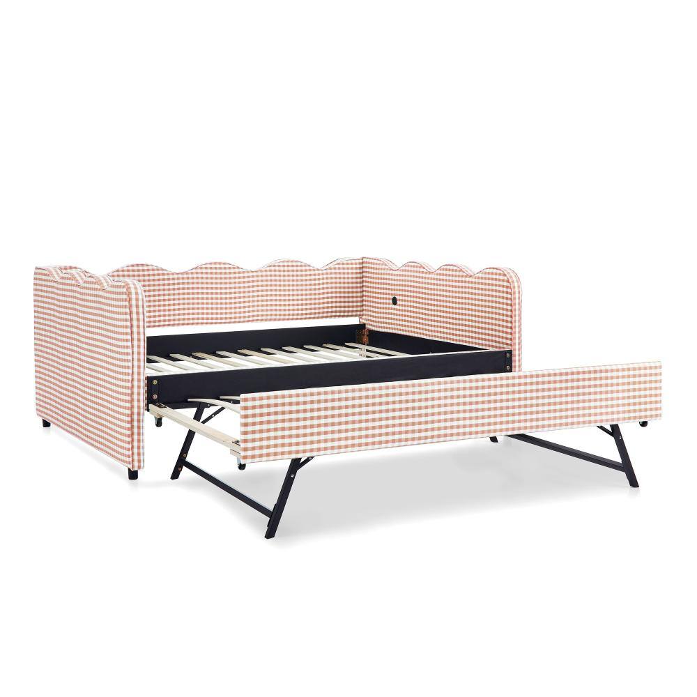 Pink Linen Full Daybed with Twin Trundle, No Box Spring Needed, USB Port & Wave Shape durable construction