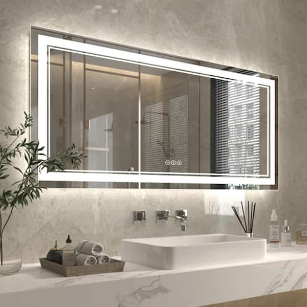 ES-DIY 60 in. W x 28 in. H Large Rectangular Frameless Anti-Fog Wall Bathroom Vanity Mirror in Silver