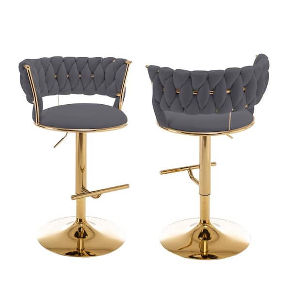 Best Quality Furniture Tory 24 in. 32 in. Upholstered Dark Grey Low Back Gold Metal Frame Adjustable Bar Stool With Velvet Fabric (Set of 2)