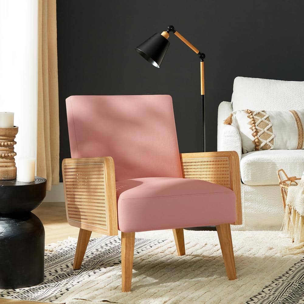 Bohemian Blush Velvet Handcrafted Accent Chair with Rattan Armrests