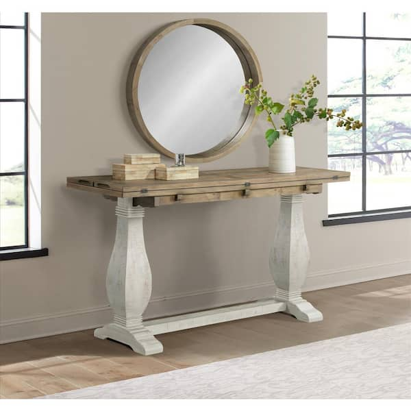 distressed natural pedestal console table