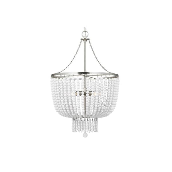 Jackie 4-Light Brushed Nickel Hanging Chandelier With White Glass Beads