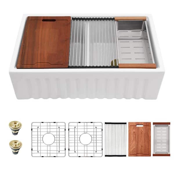 33 in. Fireclay Farmhouse Double Bowl 50/50 Workstation Sink Reversible White Kitchen Sink