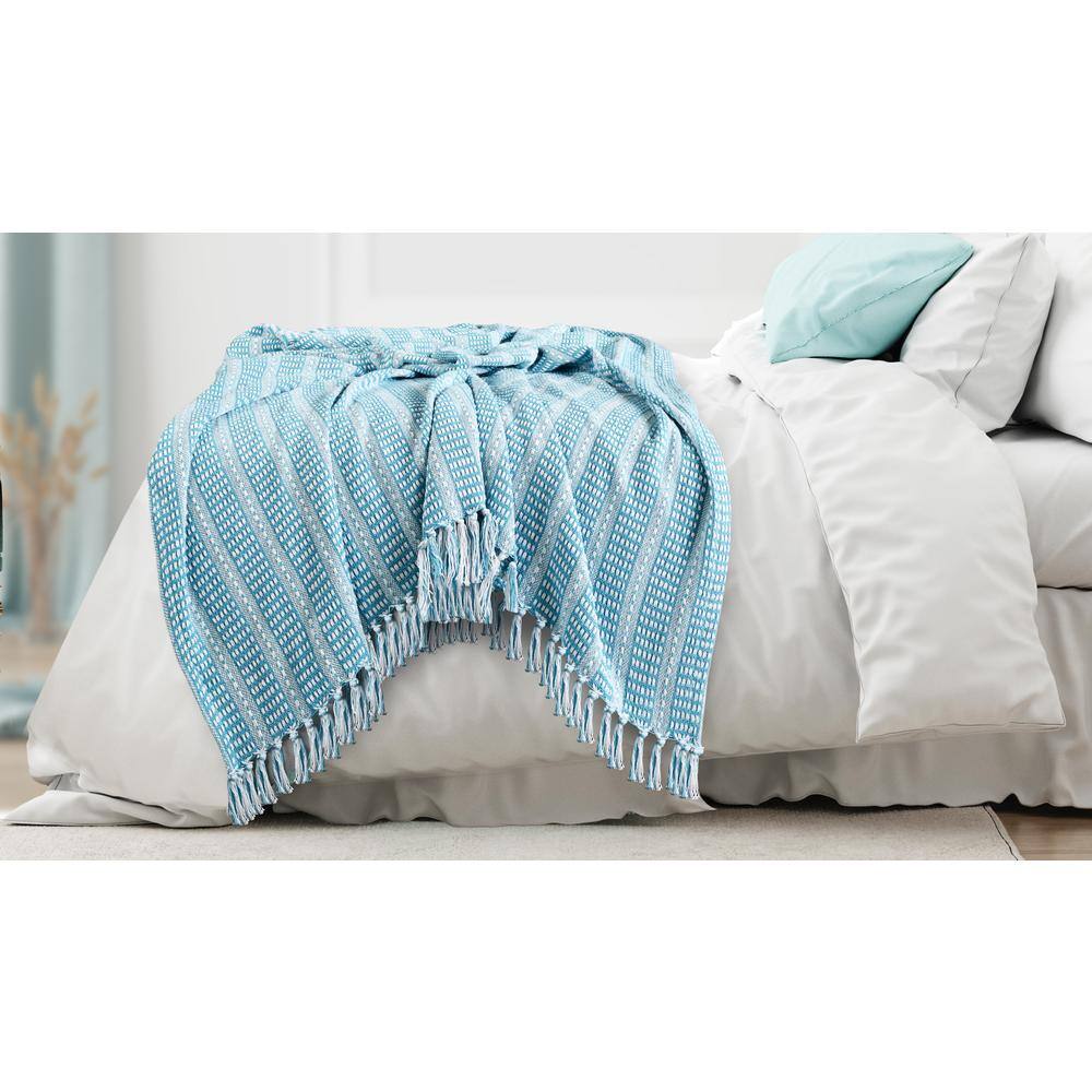 Maui Blue and White Organic Cotton Striped Throw Blanket