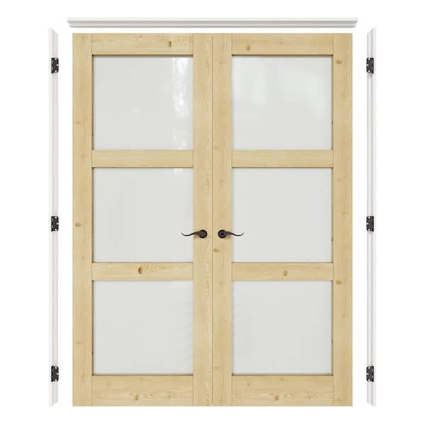 56 in. x 80 in. 3-Lite Frosted Glass Universal Solid Core Wood Double Prehung Interior Door with Quick Assemble Jamb