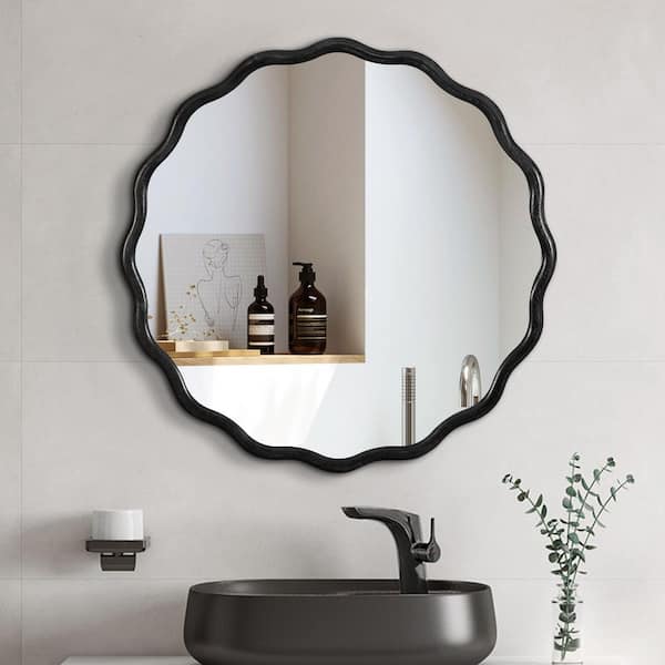 36 in. W x 36 in. H Round Framed Floating Wall Bathroom Vanity Mirror in Black Finshed Solid Wood