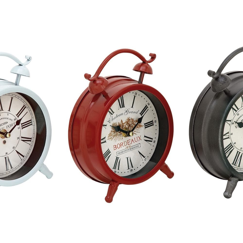 Multi-Colored Vintage Metal Round Tabletop Clocks Set of 3