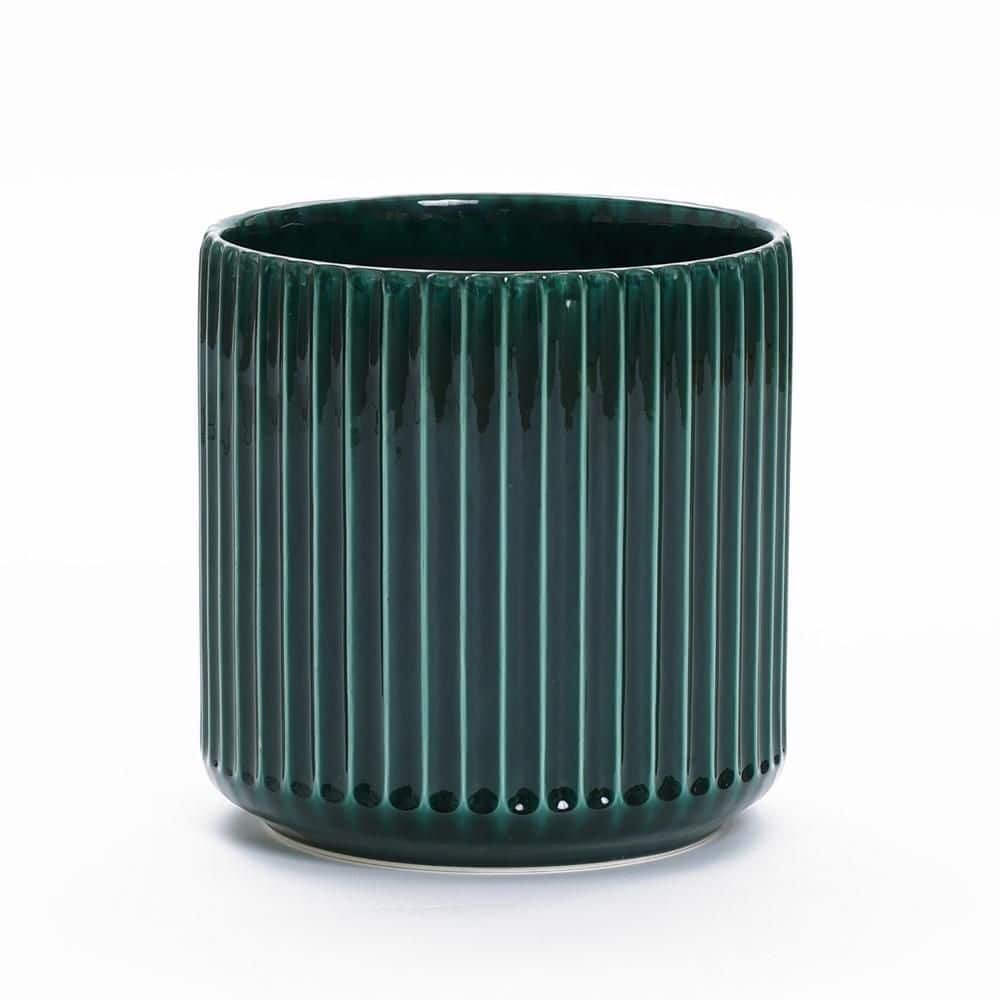 LuxenHome 13.8 in. Jade Green Ribbed Round Ceramic Floor