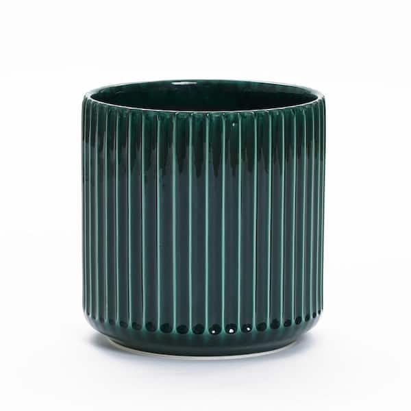 LuxenHome 13.8 in. Jade Green Ribbed Round Ceramic Floor Planter