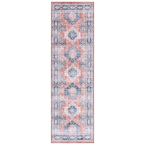 SAFAVIEH Arizona Blue/Rust 3 ft. x 8 ft. Distressed Border Ornate Machine Washable Runner Rug