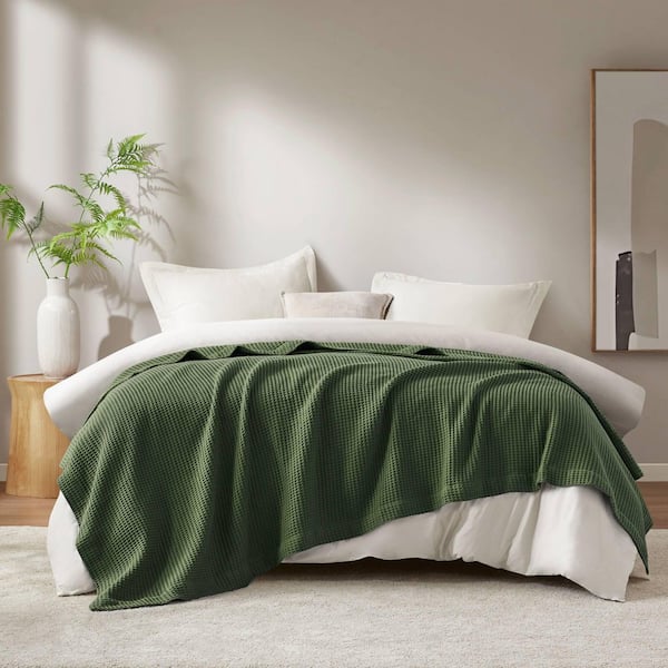 Madison Park Waffle Weave Olive Green Cotton Twin Woven Blanket