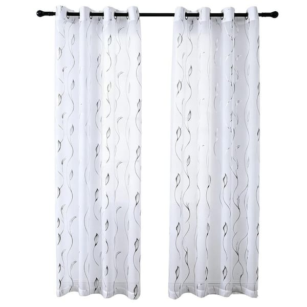 2 Pieces White Sheer Curtains Silver Foil Leaf Print Grommet Window Curtains, 52 in. W x 84 in. L