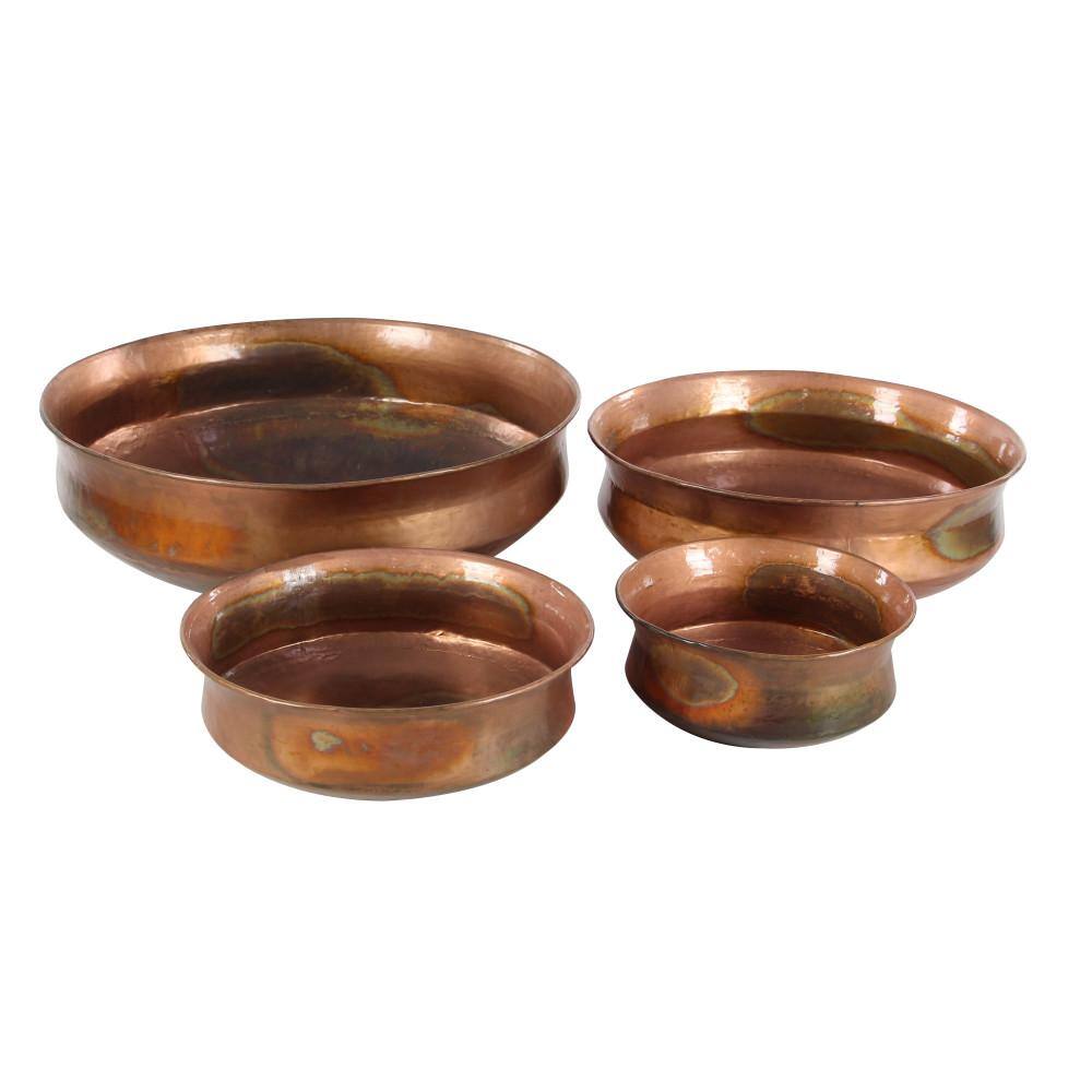 Set of 4 Rustic Copper Low Bowl Metal Planters