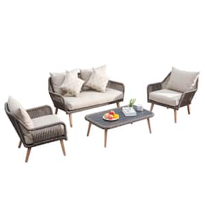 4-Piece Wicker Patio Conversation Set with Khaki Cushions