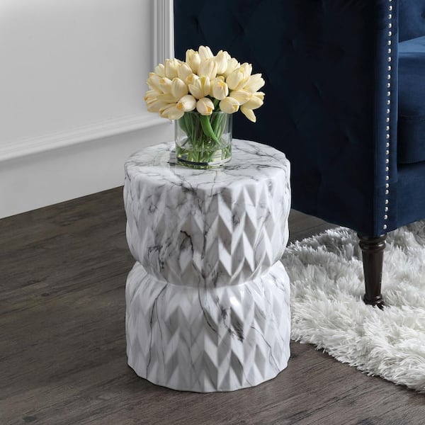 Chevron Drum 17.5 in. White Marble Finish Ceramic Garden Stool