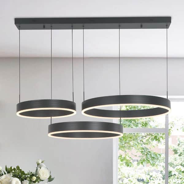 3 Lights 39.4 in. Black Modern LED Chandelier for Living Room Kitchen Island with 3000K Warm Light