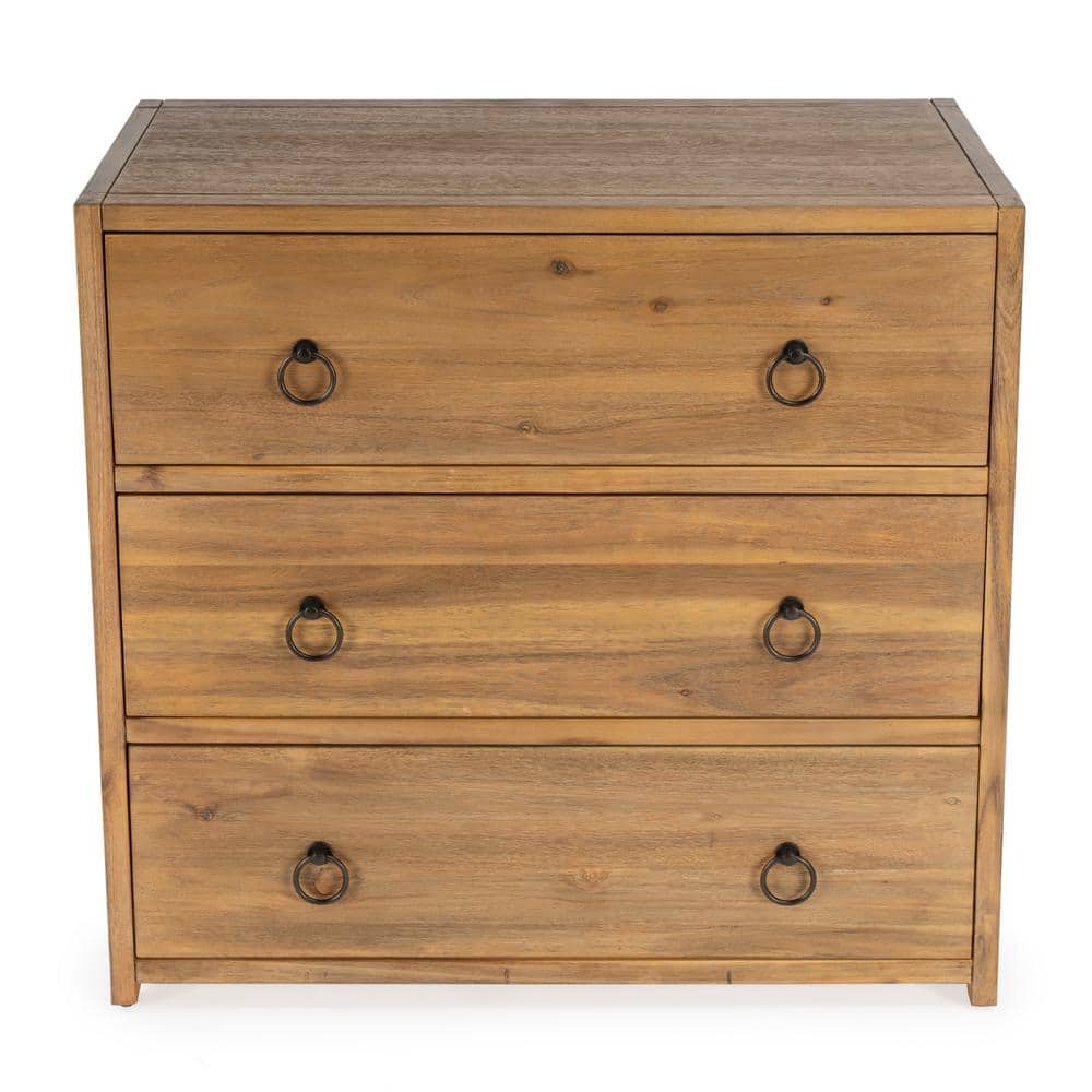 Natural Wood 3-Drawer Chest with Black Metal Hardware
