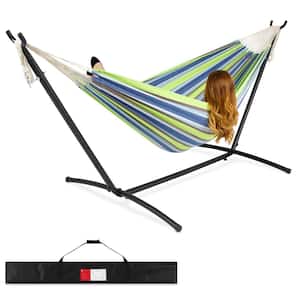 9.8 ft. 2-Person Brazilian-Style Cotton Double Hammock with Stand Set with Carrying Bag in Blue/Green Stripes
