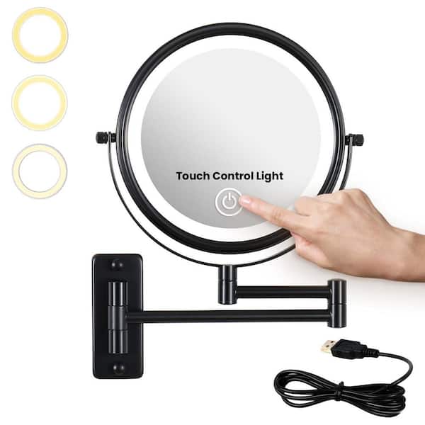 LED Lighted 8 in. W x 8 in. H Round 2 Side 1x/10x Magnifying Wall Bathroom Makeup Mirror in Matte Black (Type-C Charge)