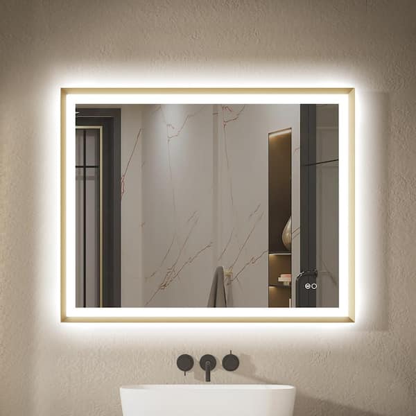 FORCLOVER 40 in. W x 32 in. H Rectangular Framed Beveled Edge Anti-Fog Dimmable Wall Bathroom Vanity Mirror in Brushed Gold