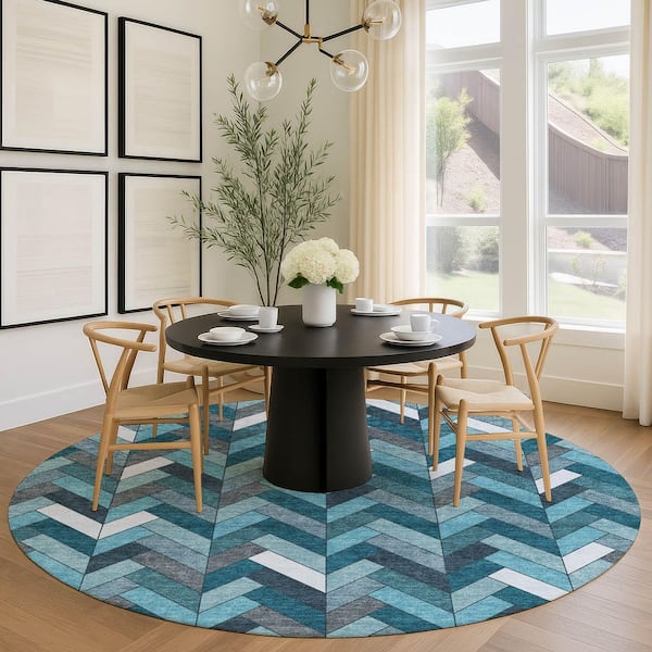 Chantille Machine Washable Indoor/Outdoor Abstract ACN2296 Teal 8 ft. x 8 ft. Round Rug